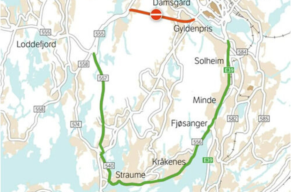 TUNNELSTENGING: Omkjøringsvei blir E39 Fjøsangerveien – Fv.556 Straumeveien – Fv.574 Bjørgeveien og Fv557 Knappetunnelen.