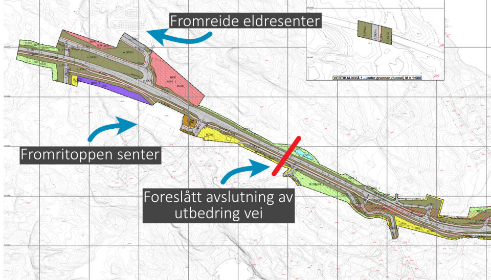 USIKKERHET: Den tykke røde streken indikerer der Vestland fylkeskommune vurderte å avslutte utbedringene av veien i forbindelse med Askøypakken. Nå flyttes trolig streken til krysset til eldresenteret.