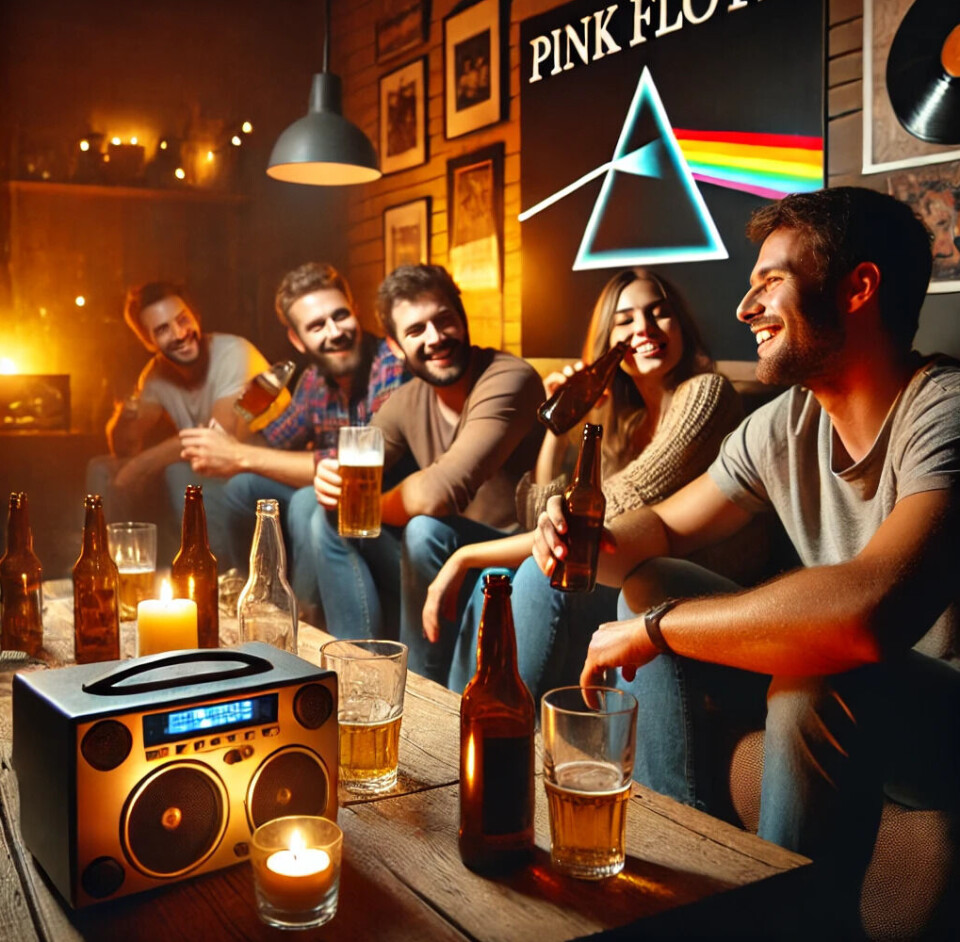 Bestilling til KI: «Lag en tegning av en gjeng som sitter og koser seg med noen øl, mens de lytter til Pink Floyd»