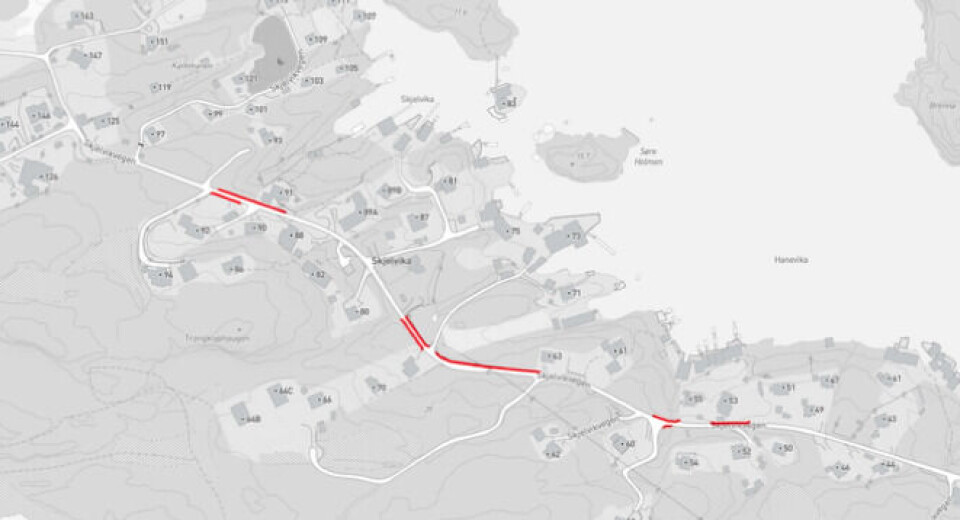 HER: Detskal settes opp rekkverk og andre trafikksikringstiltak på strekket med rød linje.