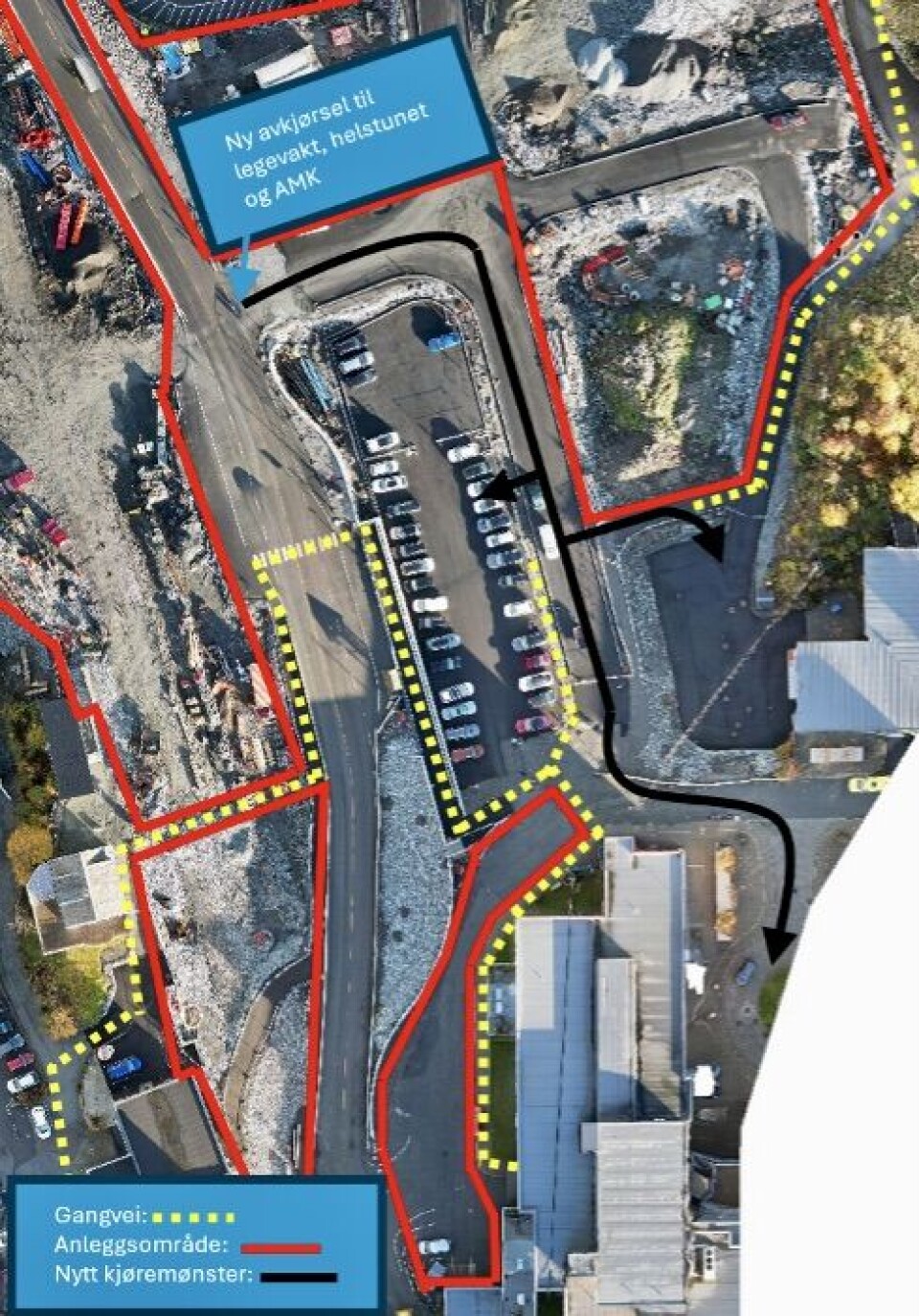 TRAFIKKOMLEGGING: Kartskissen viser ny avkjørsel til legevakt, Helsetunet og AMK.